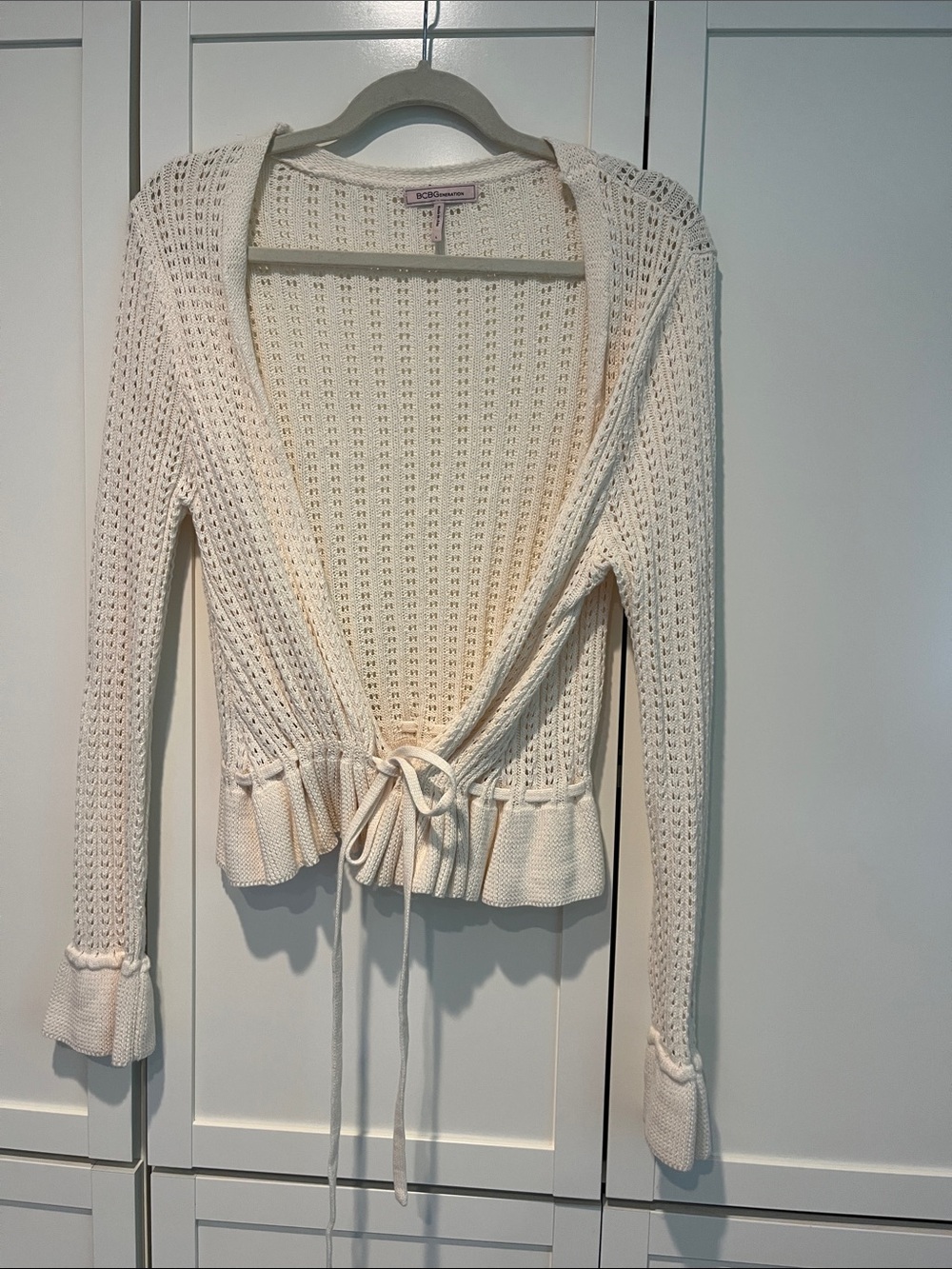 BCBGMaxAzria Cream Open-Knit Tie-Waist Cardigan